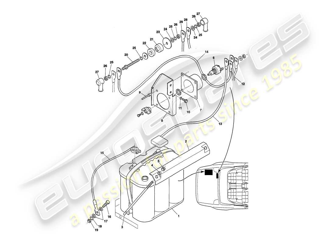 aston martin v8 volante (1998) diagrama de piezas de la batería