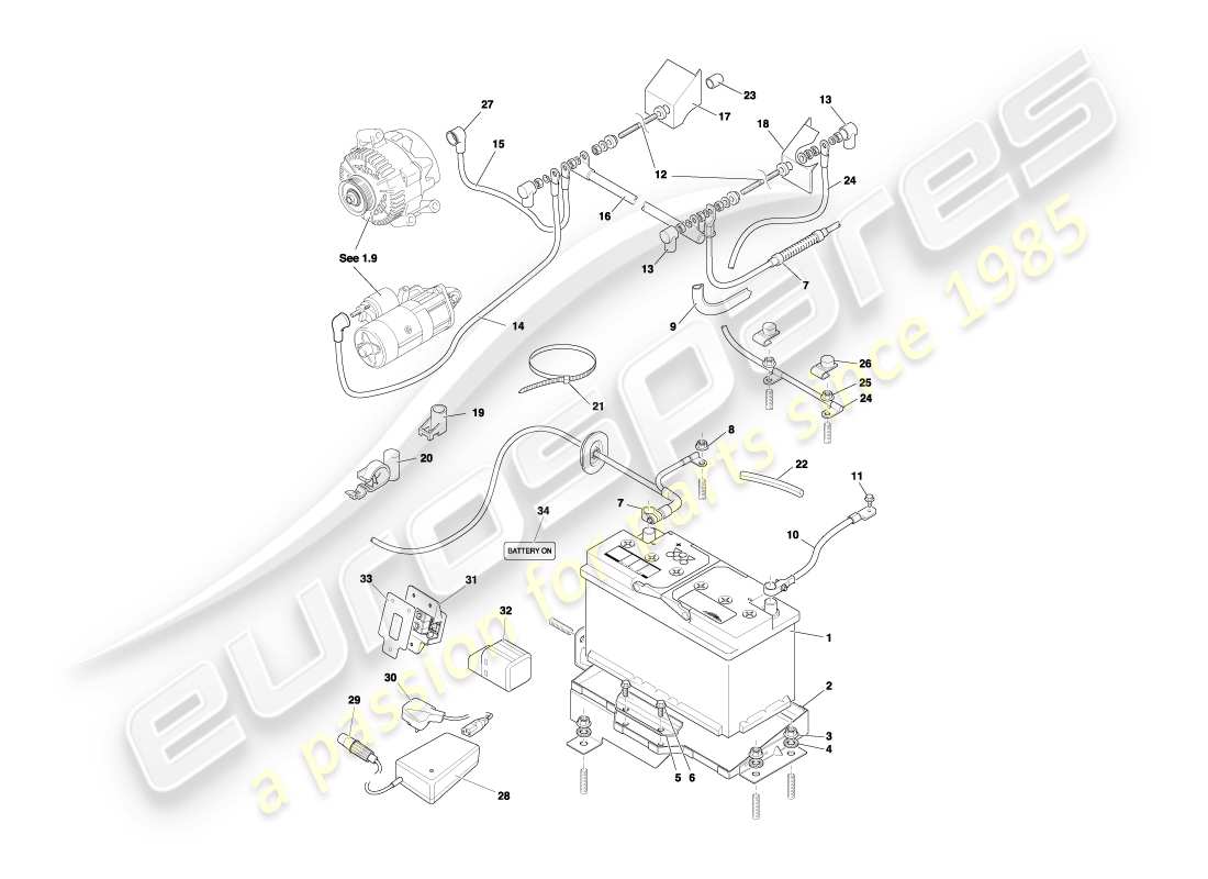 aston martin db7 vantage (2001) batería y bandeja diagrama de piezas