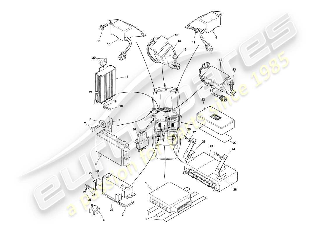 aston martin v8 volante (1997) diagrama de piezas de los módulos de control electrónico