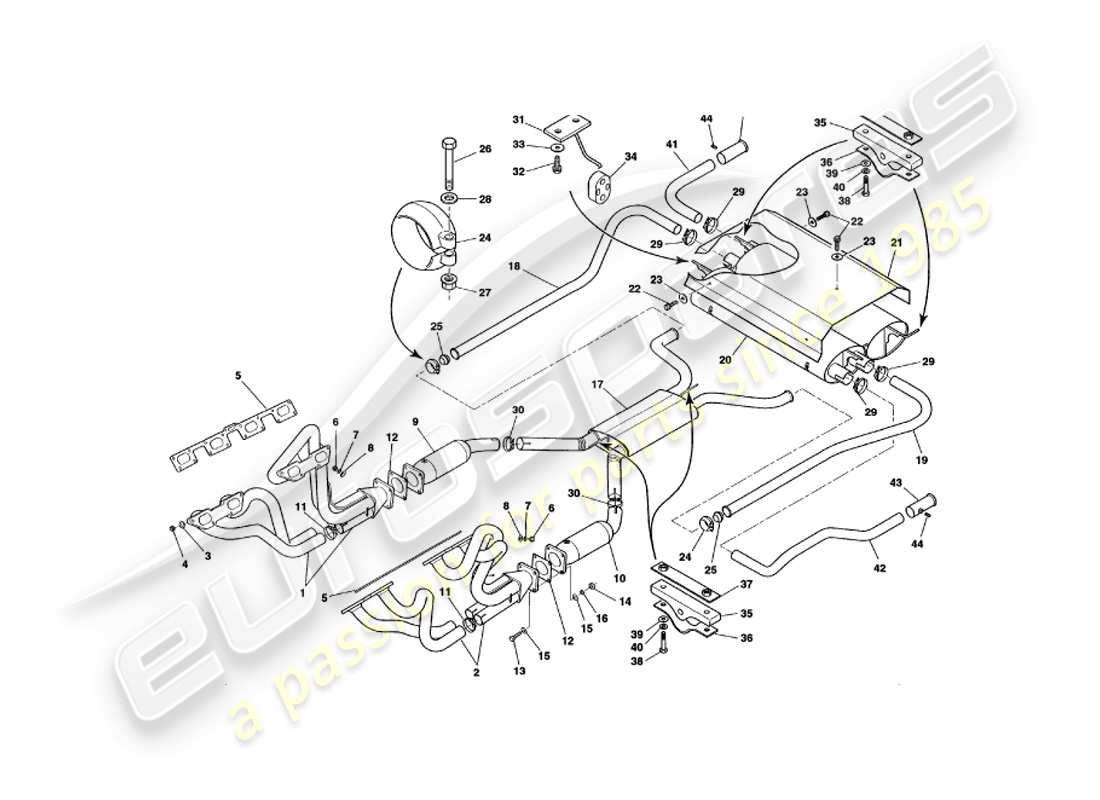 aston martin v8 volante (1998) sistema de escape diagrama de piezas