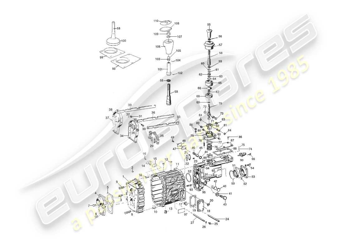 aston martin v8 virage (2000) diagrama de piezas de caja de cambios manual, carcasa y selector