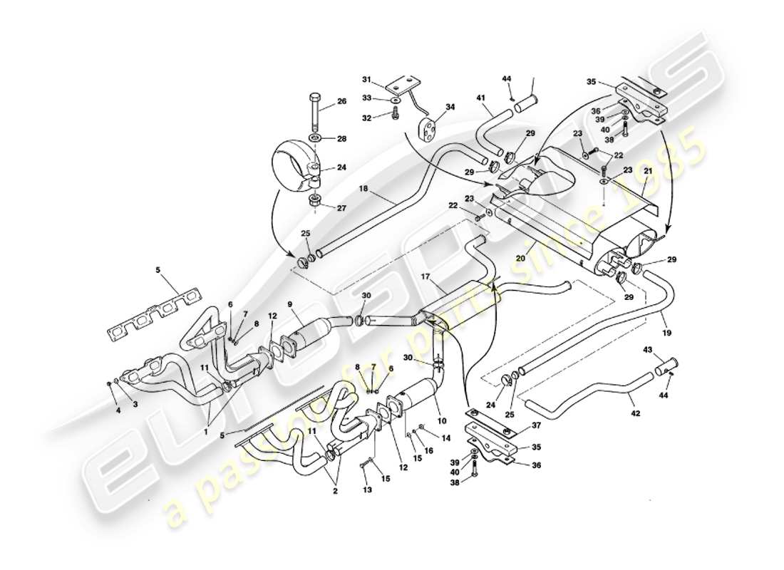 aston martin v8 volante (1997) sistema de escape diagrama de piezas