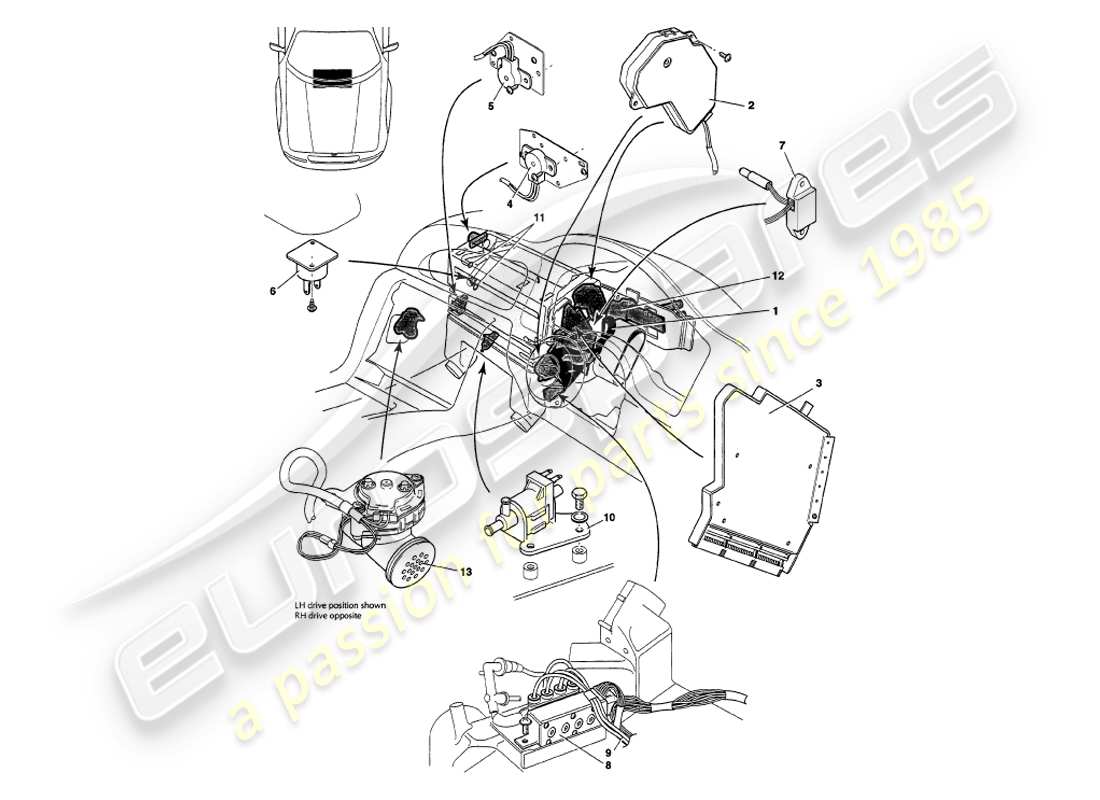 aston martin v8 volante (1998) diagrama de piezas de sensores, interruptores, solenoides, motores, etc.