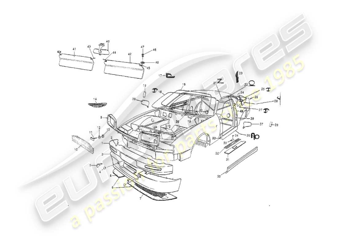 aston martin v8 virage (2000) diagrama de la parte delantera del cuerpo