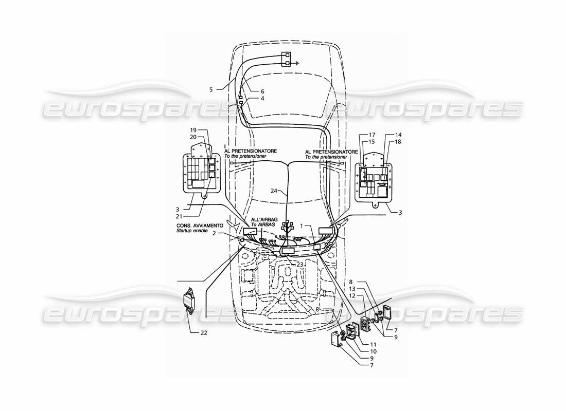 maserati qtp. 3.2 v8 (1999) sistema eléctrico: diagrama de piezas del tablero y la batería (transmisión derecha)