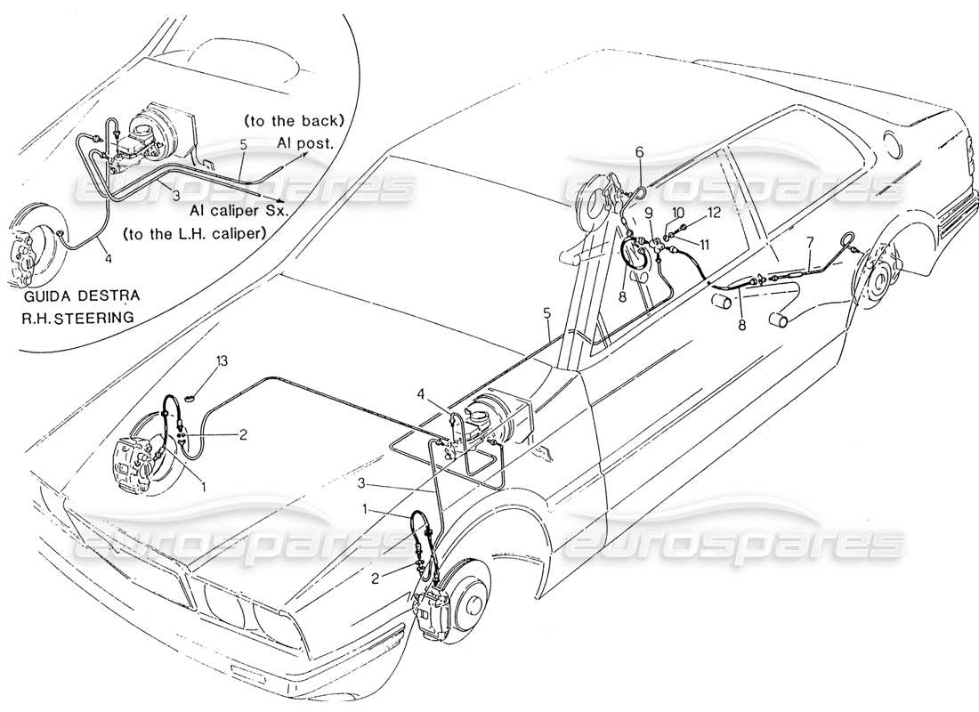 maserati 222 / 222e biturbo diagrama de piezas de líneas de freno hidráulico