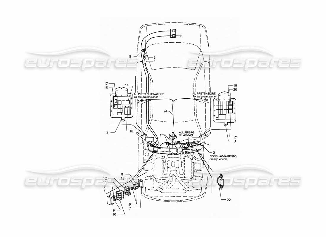 maserati qtp. 3.2 v8 (1999) sistema eléctrico: diagrama de piezas del tablero y de la batería (transmisión izquierda)