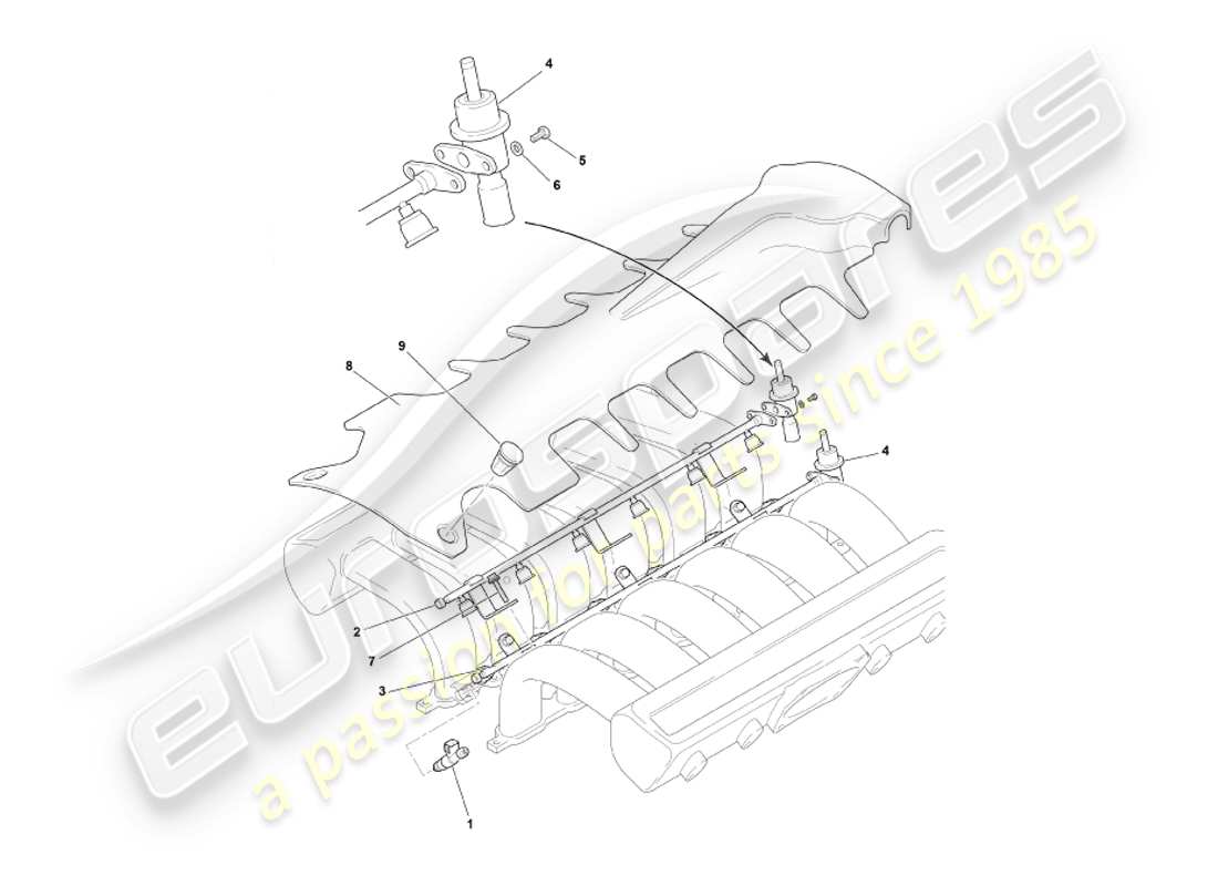 aston martin db7 vantage (1999) diagrama de piezas de inyectores y rieles de combustible