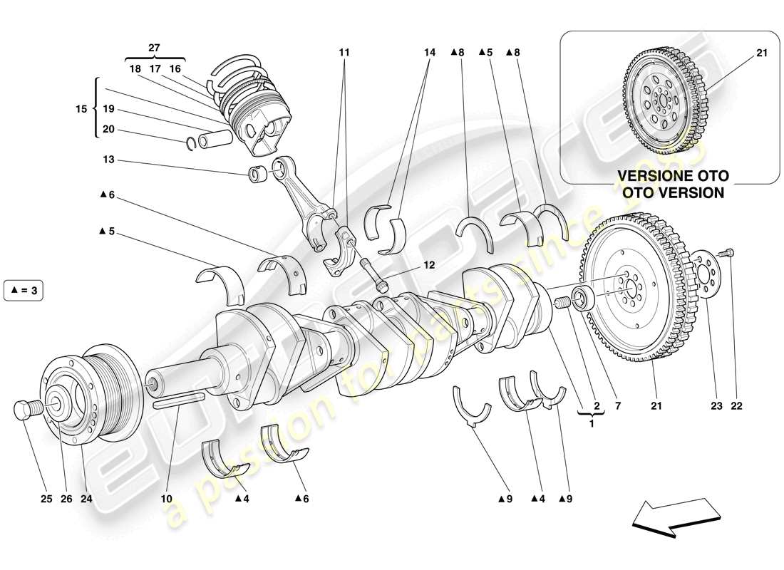 ferrari 612 scaglietti (rhd) cigüeñal - biela ​​y pistones diagrama de piezas