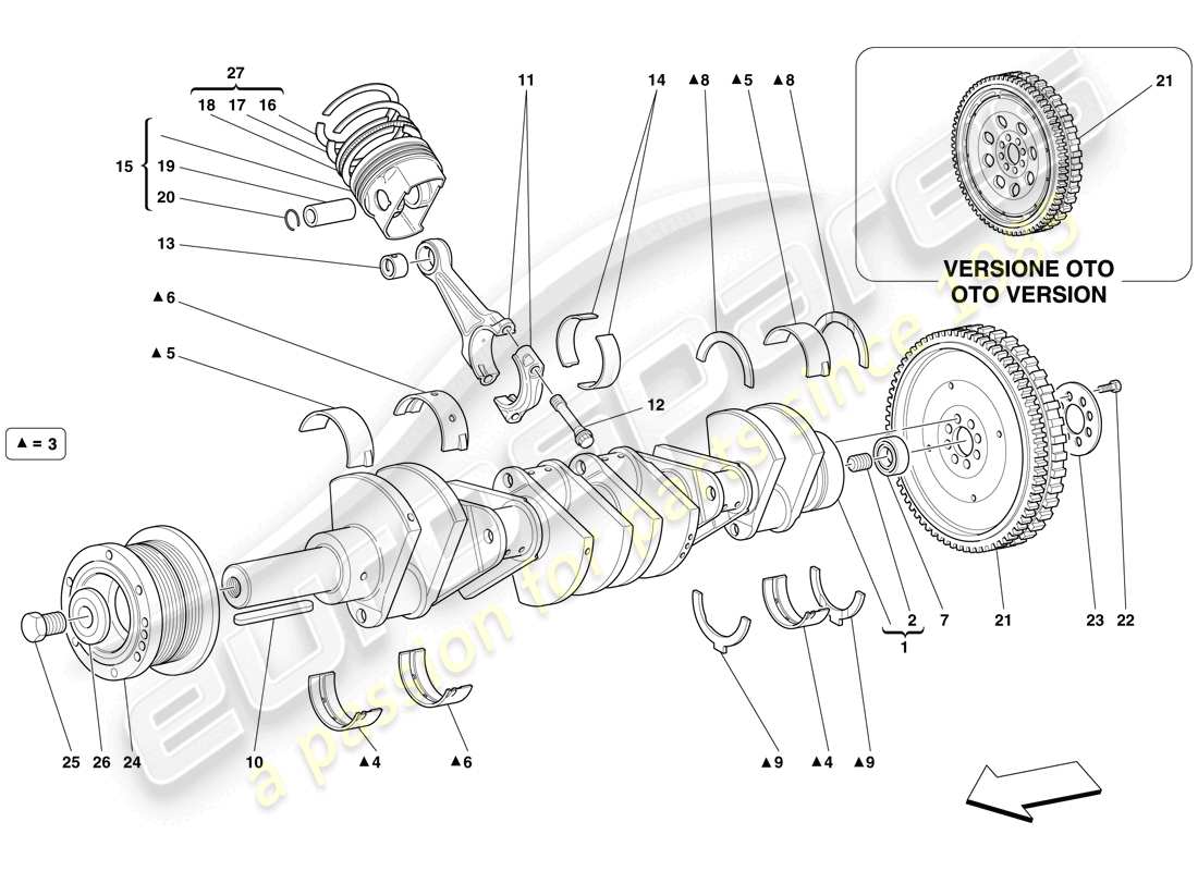 ferrari 612 scaglietti (rhd) cigüeñal - bielas y pistones diagrama de piezas