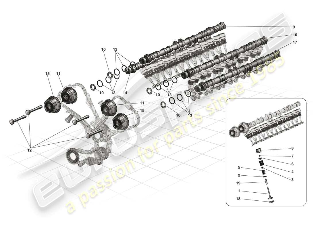 ferrari laferrari (usa) sistema de distribución - empujadores y ejes diagrama de piezas