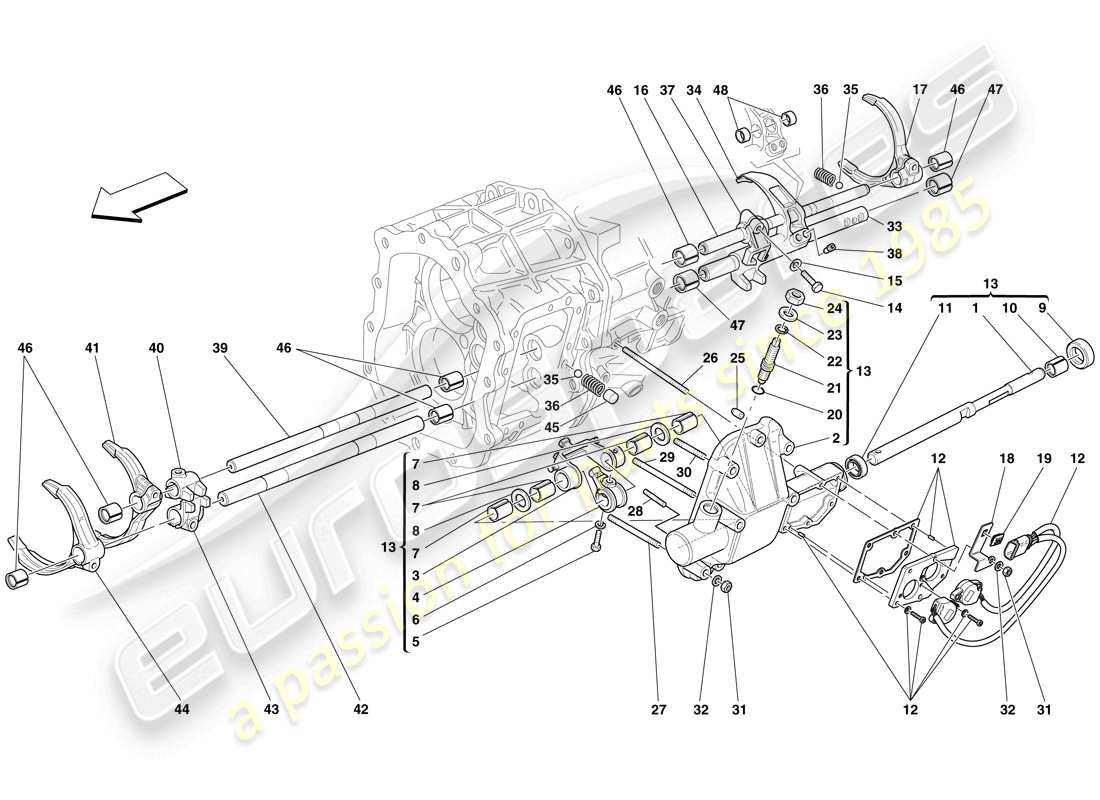 ferrari 612 sessanta (europe) controles internos de la caja de cambios diagrama de piezas