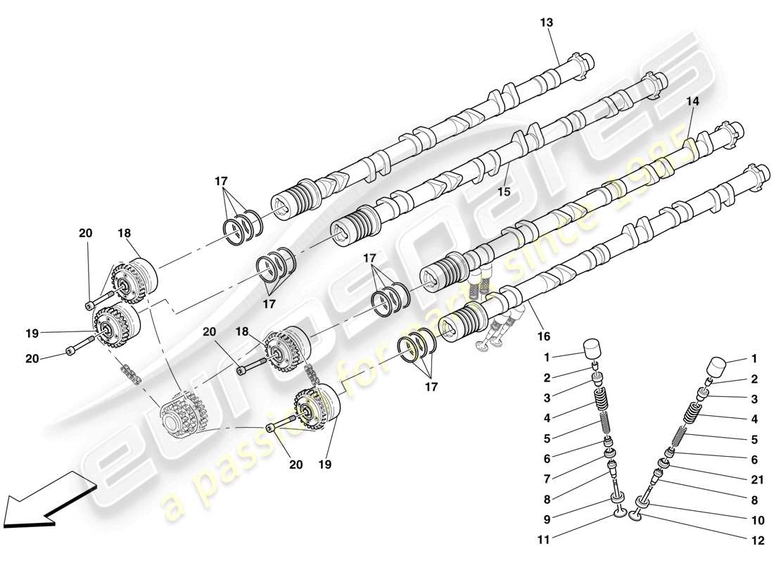 ferrari 599 gto (europe) sistema de distribución - taqués y ejes diagrama de piezas