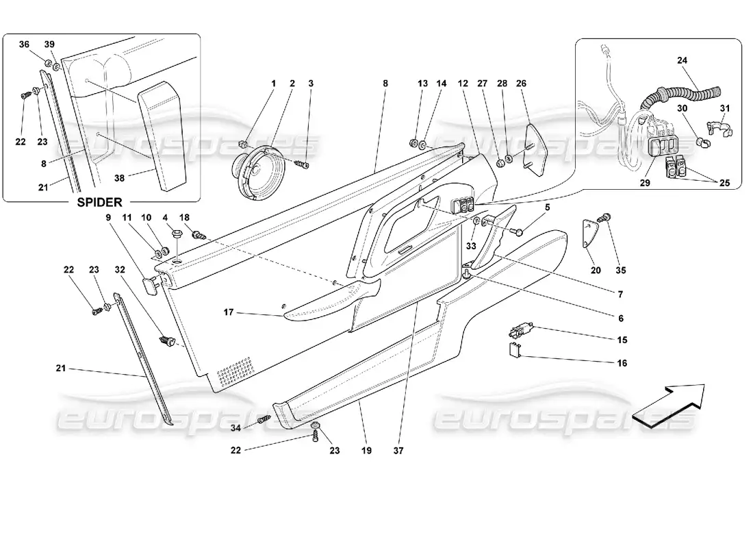 ferrari 355 (2.7 motronic) puertas - adornos interiores diagrama de piezas