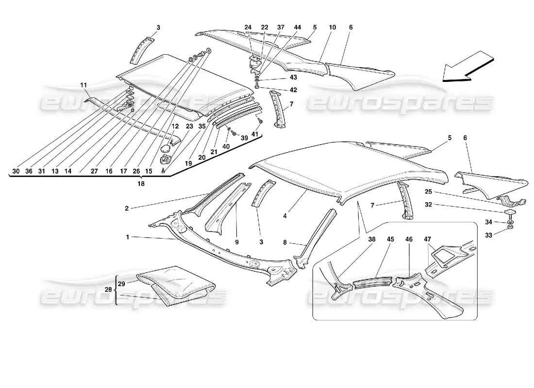 ferrari 355 (2.7 motronic) techo - adornos exteriores diagrama de piezas