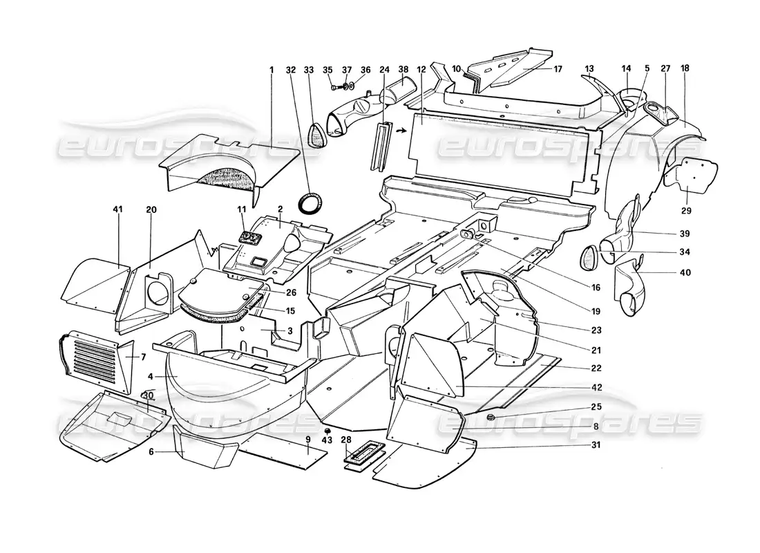ferrari 328 (1985) carrocería - elementos internos diagrama de piezas