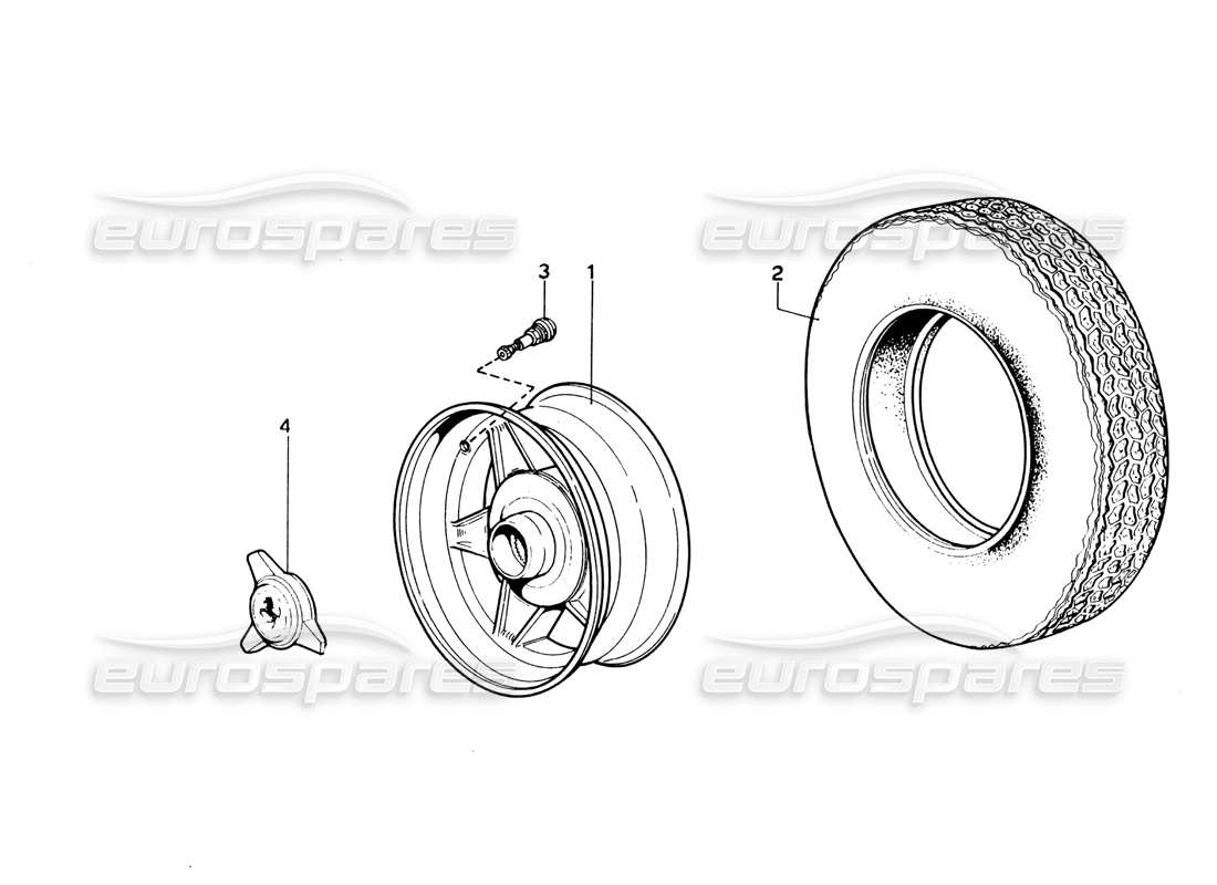 ferrari 365 gtb4 daytona (1969) diagrama de piezas de ruedas y neumáticos (1974 revisión)