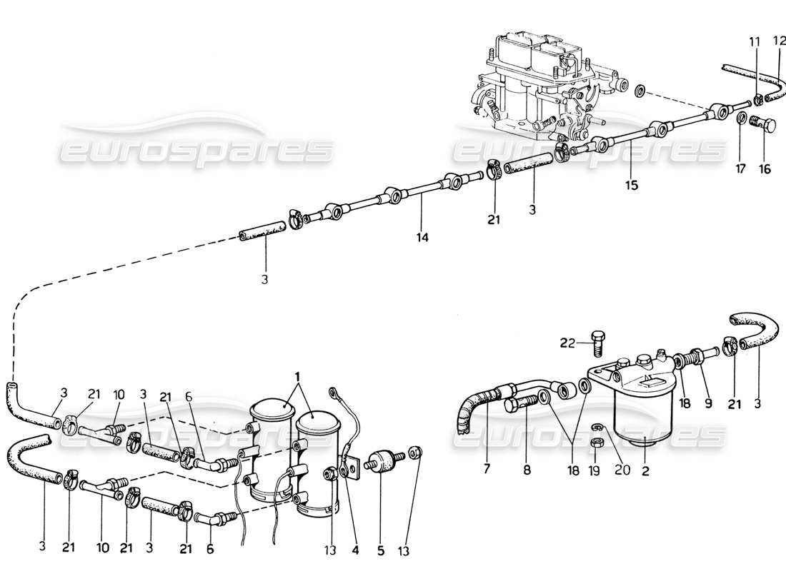 ferrari 365 gtb4 daytona (1969) diagrama de piezas de bombas y tuberías de combustible (1974 revisión)