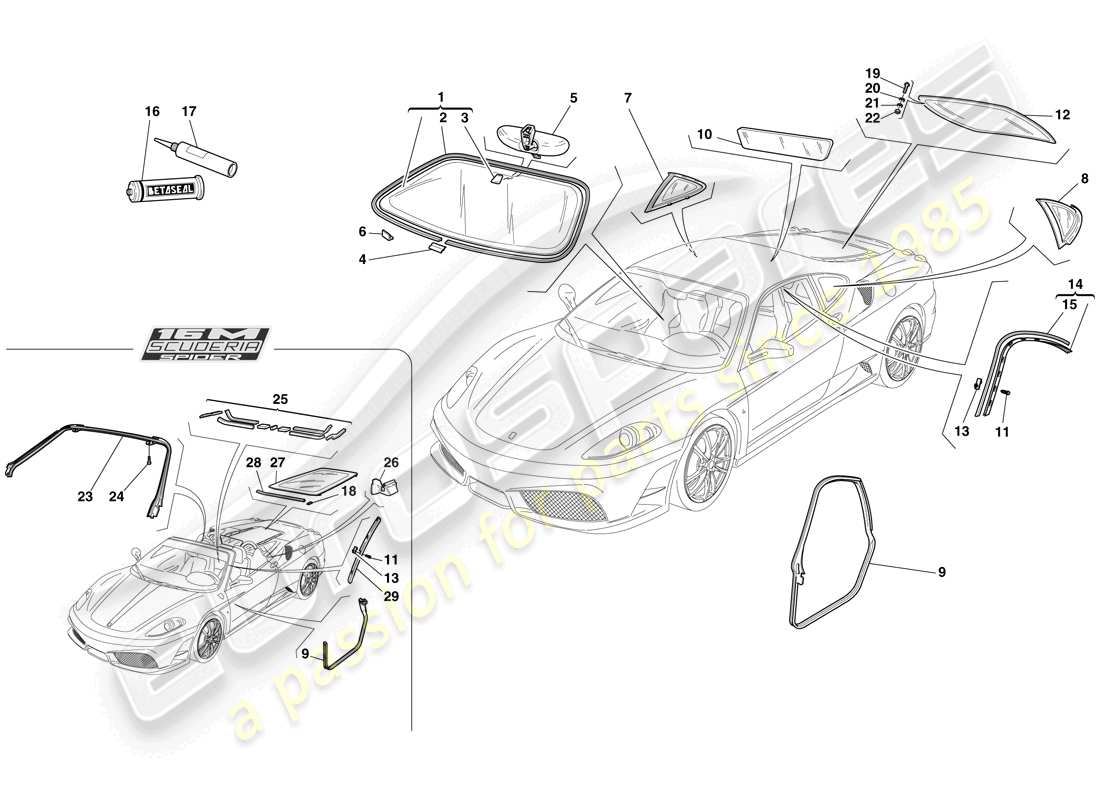 ferrari f430 scuderia (usa) pantallas, ventanas y juntas diagrama de piezas