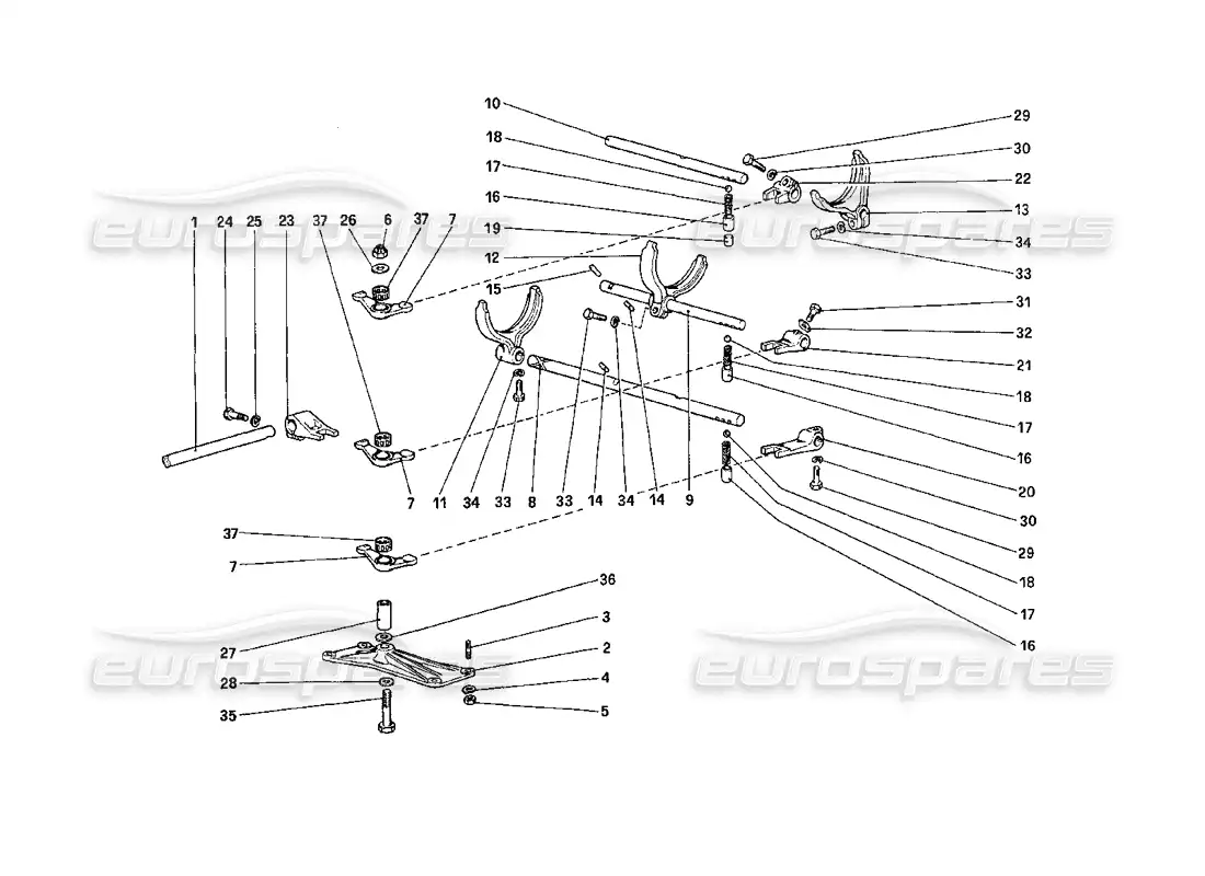 ferrari 208 turbo (1989) diagrama de piezas de los controles internos de la caja de cambios