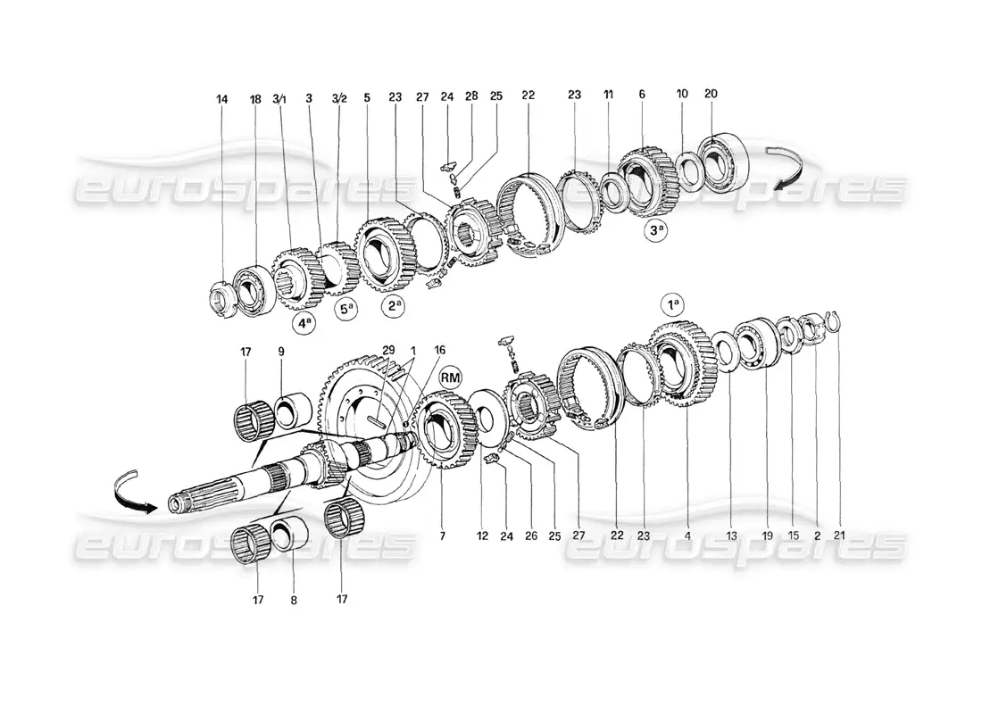 ferrari 208 turbo (1989) diagrama de piezas de engranajes del eje de apoyo