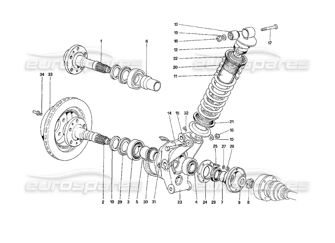 ferrari 208 turbo (1989) suspensión trasera: diagrama de piezas de amortiguador y disco de freno (a partir del número de automóvil 76626)