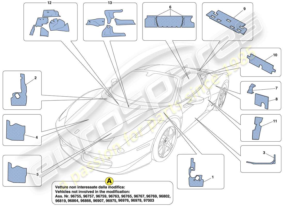 ferrari 458 italia (rhd) diagrama de piezas de aislamiento