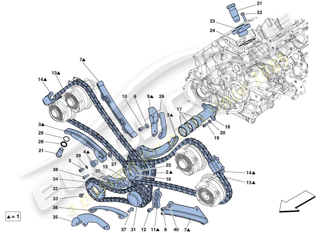 ferrari 458 italia (usa) sistema de distribución - diagrama de piezas de transmisión