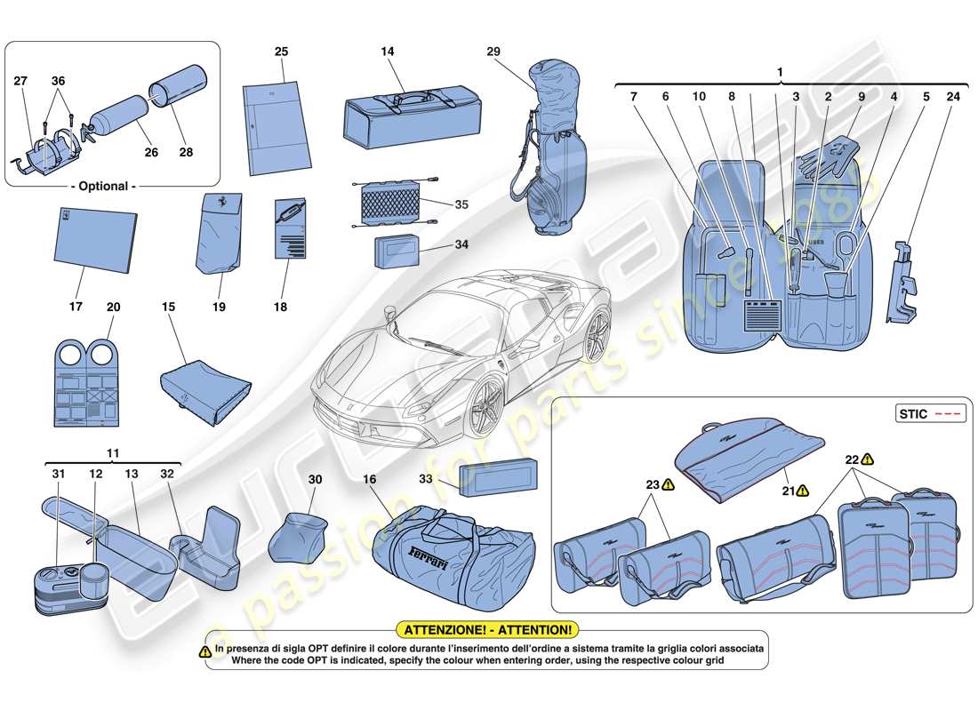 ferrari 488 spider (usa) herramientas y accesorios suministrados con el vehículo diagrama de piezas