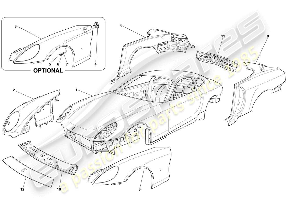 ferrari 612 scaglietti (rhd) carrocería - diagrama de piezas de acabado externo