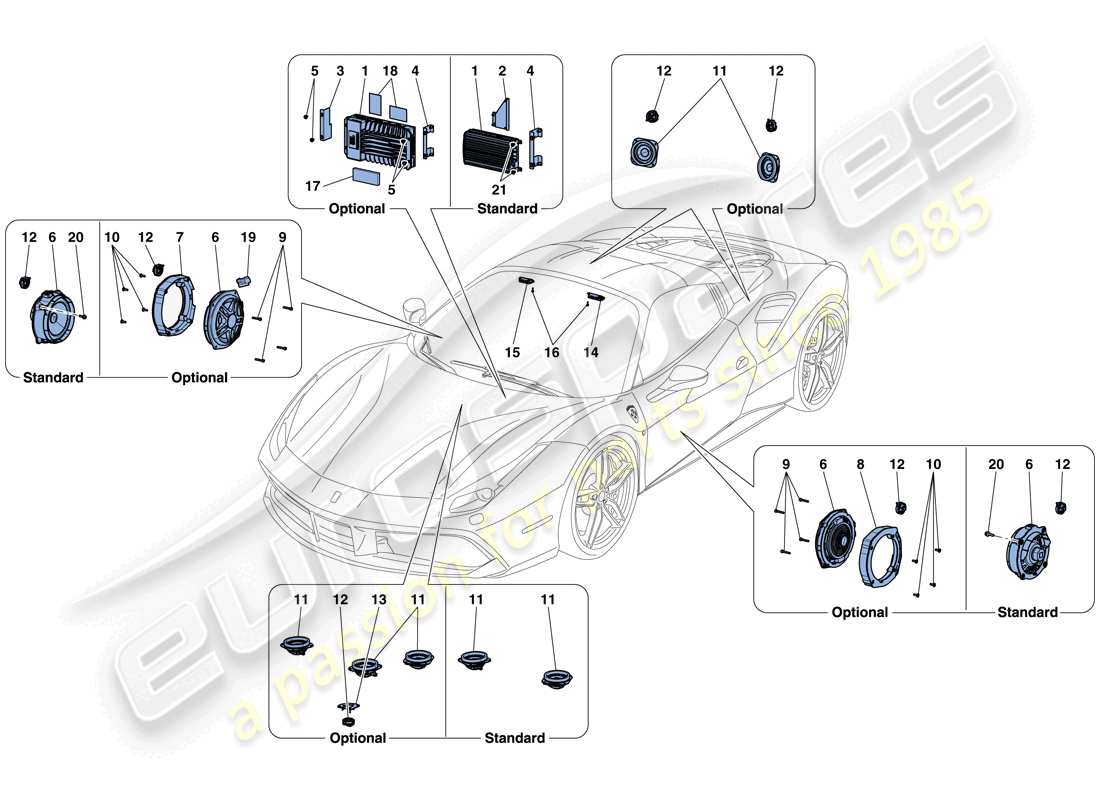 ferrari 488 spider (usa) sistema de altavoces de audio diagrama de piezas