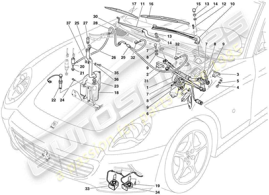 ferrari 612 sessanta (europe) limpiaparabrisas, arandela y bocina diagrama de piezas