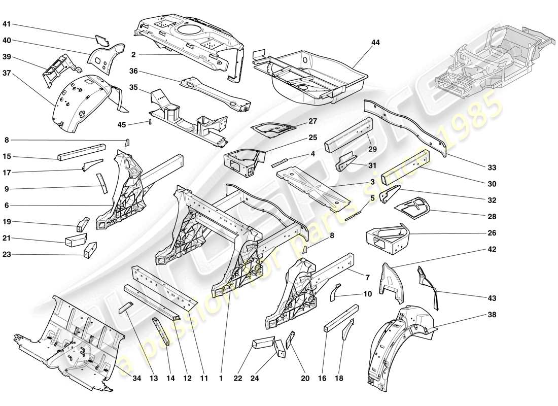 ferrari 612 sessanta (europe) estructuras y elementos trasero del vehículo diagrama de piezas