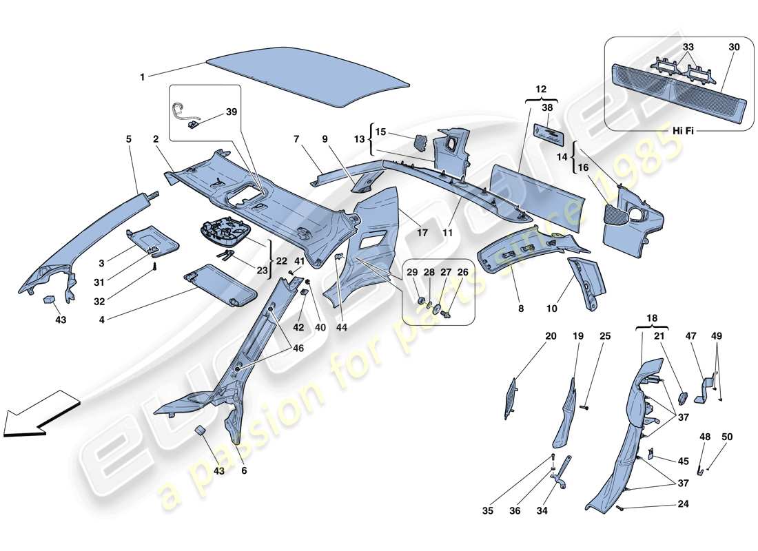 ferrari 458 italia (rhd) accesorios y acabados del techo diagrama de piezas