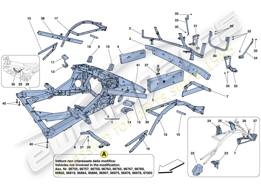 ferrari 458 italia (rhd) chasis - estructura, elementos traseros y paneles esquema de piezas