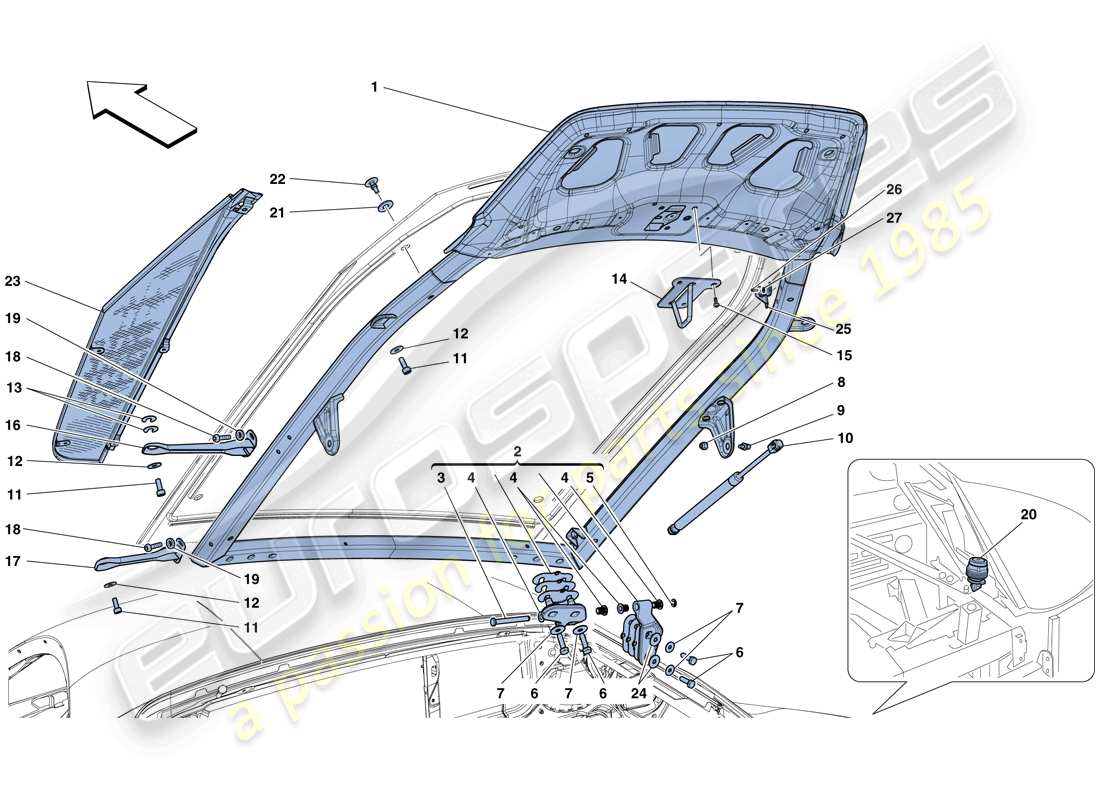 ferrari 458 speciale (rhd) diagrama de piezas de la tapa del compartimiento del motor
