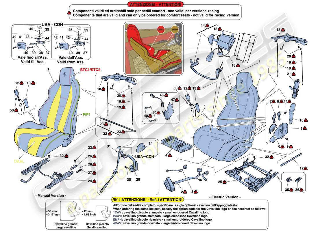 ferrari 458 italia (usa) asientos - cinturones de seguridad, guías y ajuste esquema pieza