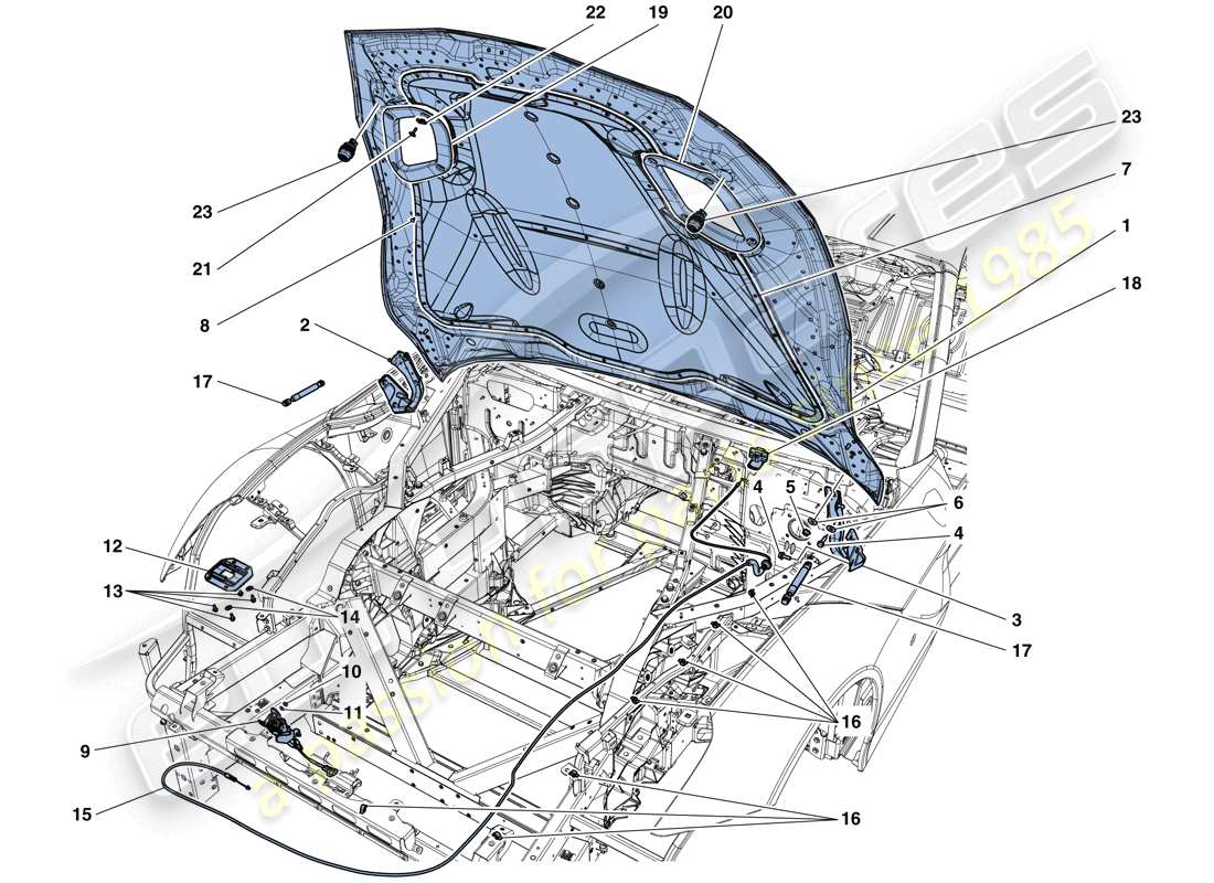 ferrari f12 tdf (rhd) tapa frontal y mecanismo de apertura diagrama de piezas