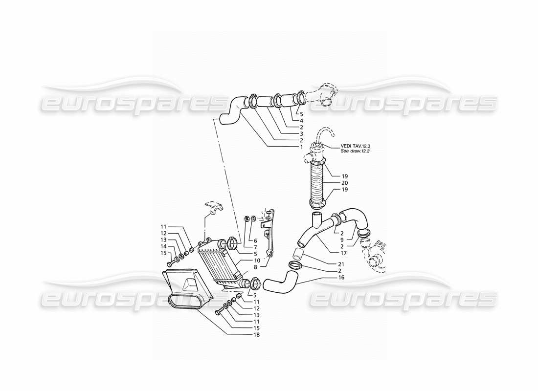 maserati ghibli 2.8 (abs) diagrama de piezas del lado derecho de las tuberías del intercambiador de calor