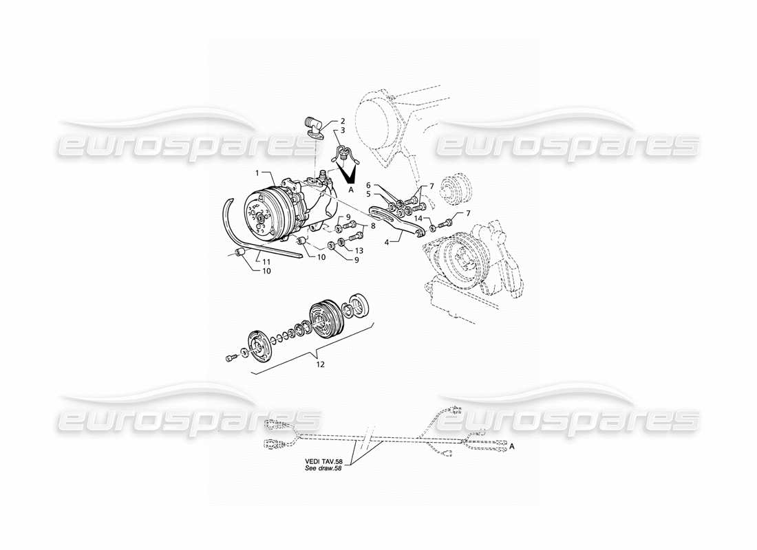 maserati qtp v8 (1998) diagrama de piezas del compresor de aire y soportes