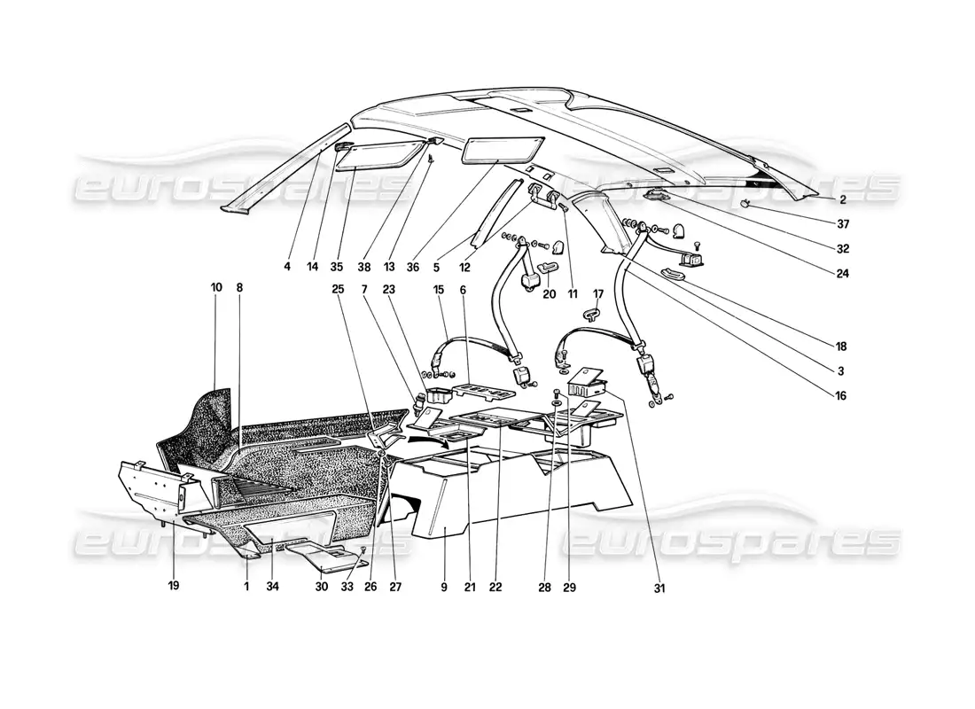 ferrari mondial 8 (1981) diagrama de piezas de techo, túnel y cinturones de seguridad