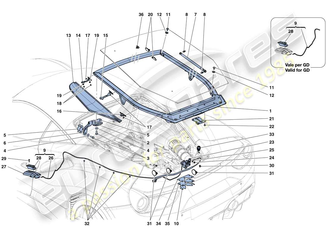 ferrari 488 gtb (europe) tapa del compartimiento del motor y mecanismo de liberación diagrama de piezas