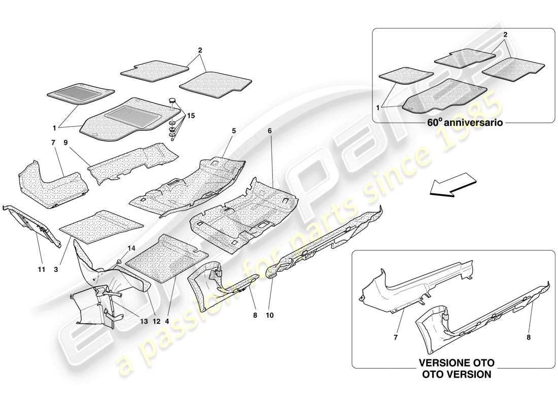 ferrari 612 scaglietti (rhd) molduras y alfombrillas del habitáculo diagrama de piezas