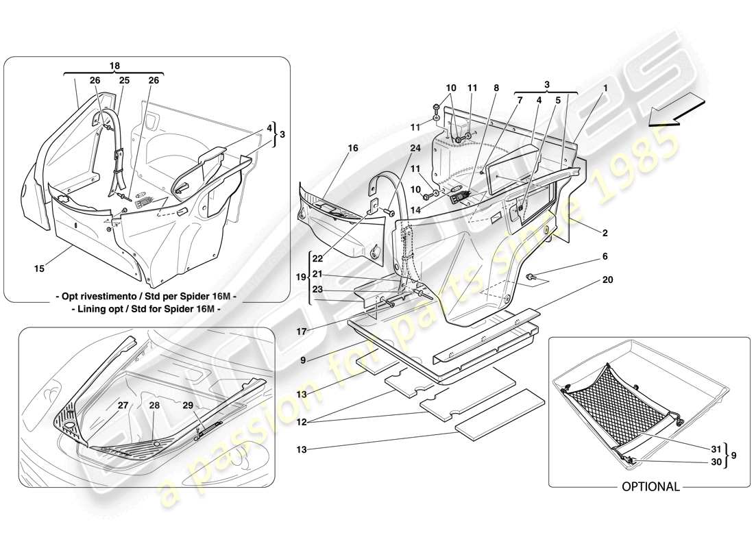 ferrari f430 scuderia spider 16m (rhd) adorno del compartimiento delantero diagrama de piezas