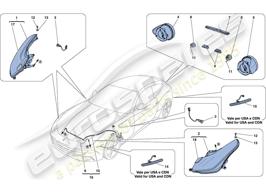 ferrari ff (rhd) diagrama de piezas de faros y luces traseras