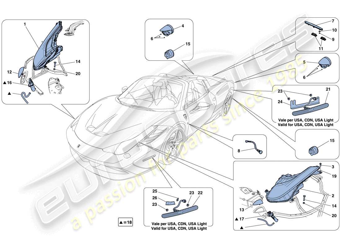 ferrari 458 speciale aperta (rhd) diagrama de piezas de faros y luces traseras