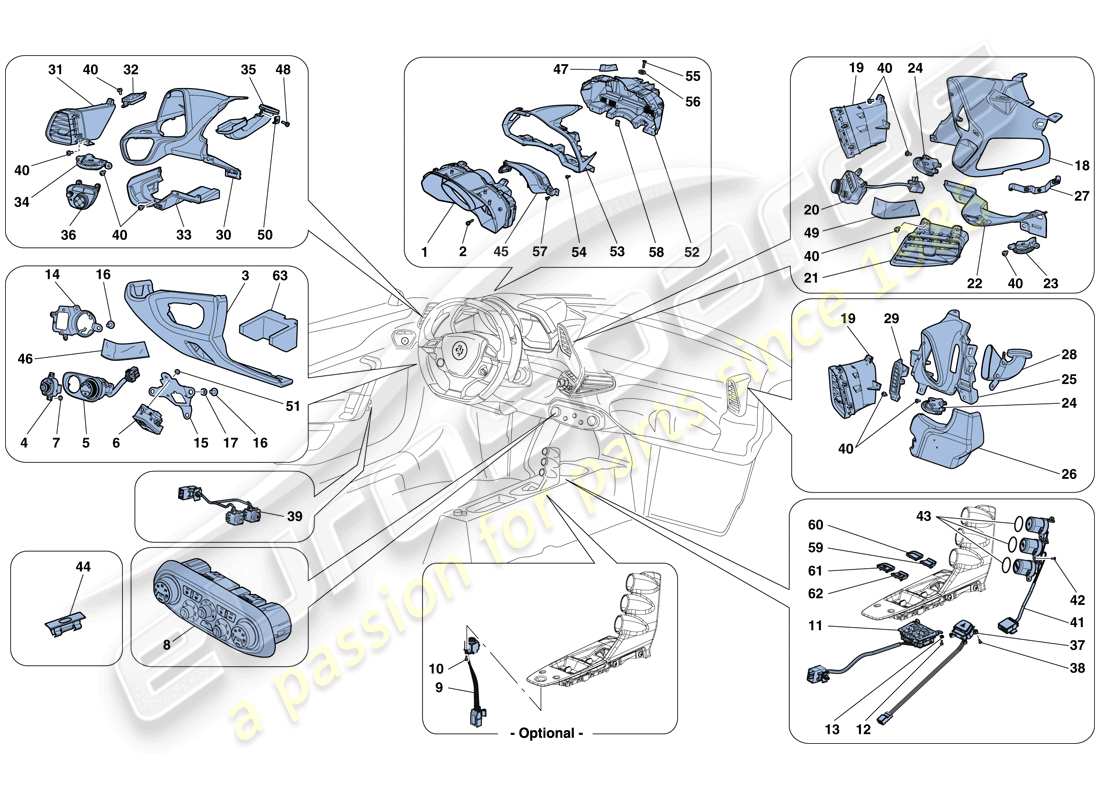 ferrari 458 speciale aperta (rhd) instrumentos del tablero y del túnel diagrama de piezas