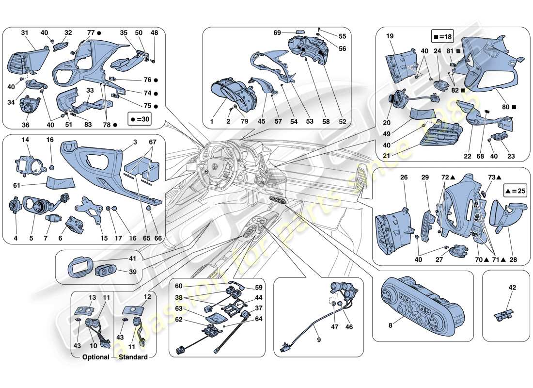 ferrari 458 spider (europe) instrumentos del salpicadero y del túnel diagrama de piezas