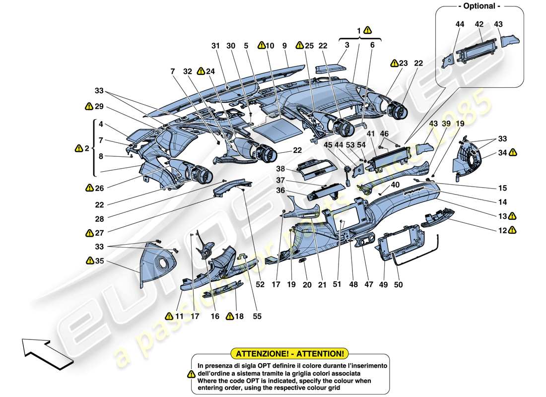 ferrari gtc4 lusso t (rhd) tablero - acabado diagrama de piezas