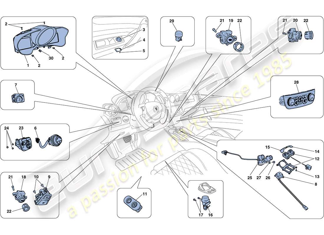 ferrari ff (rhd) instrumentos del salpicadero y del túnel diagrama de piezas